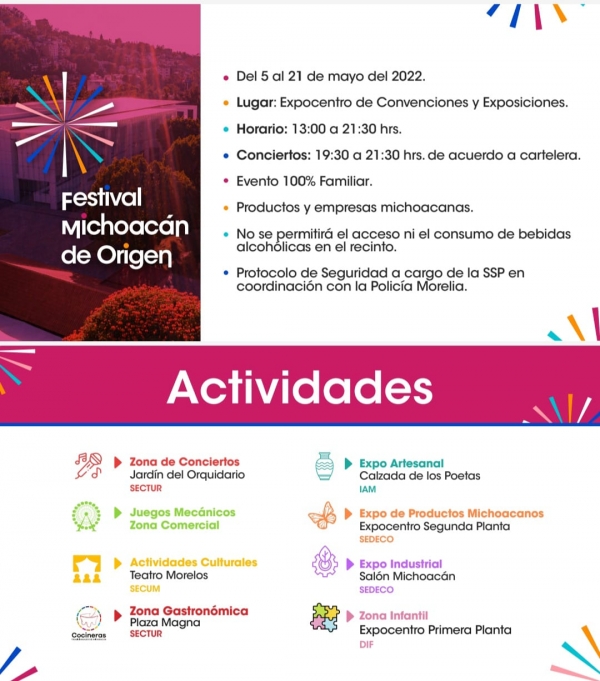 Hoy inicia Festival Michoacán de Origen 2022, disfruta de este gran escaparate cultural, artesanal y gastronómico.