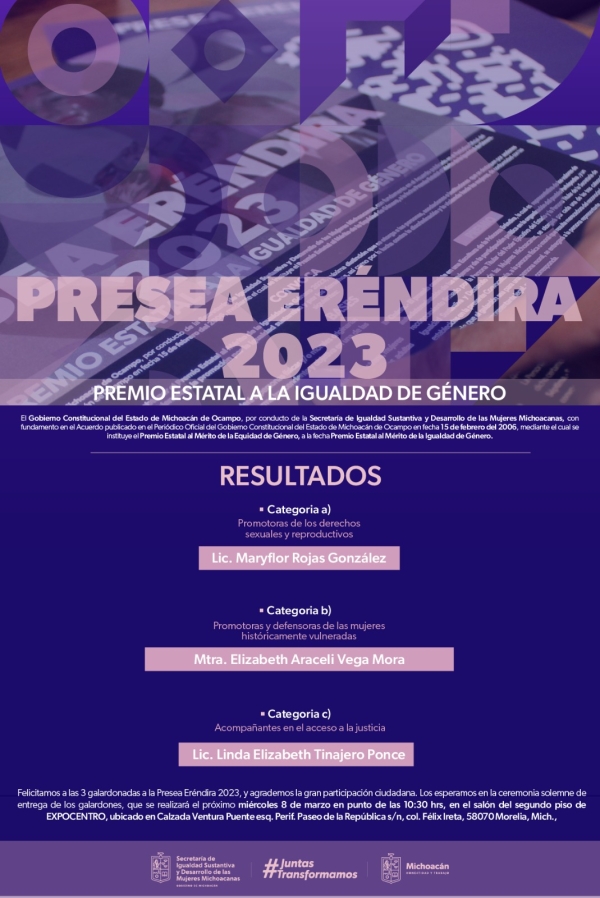 DAN A CONOCER A LAS 3 GANADORAS DE LA PRESEA ERENDIRA 2023.